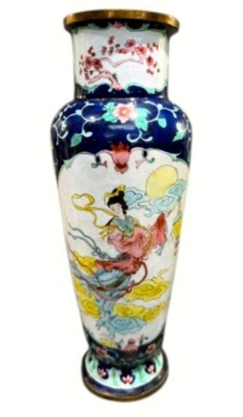 Vintage Chinese Cloisonne Enamel Celestial Maiden Feitian Vase 12" Brass